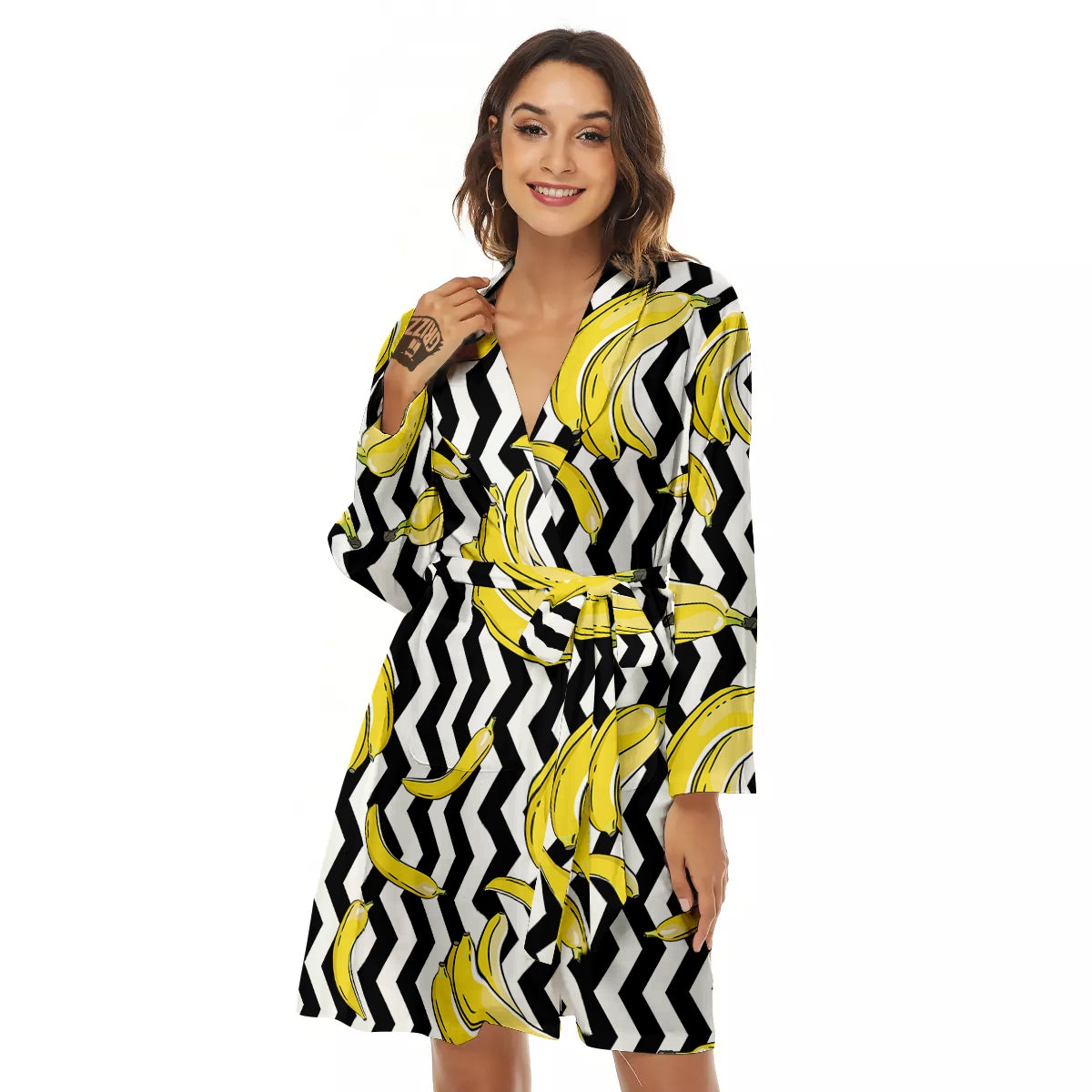 Banana Zigzag Print Pattern Women's Robe-grizzshop