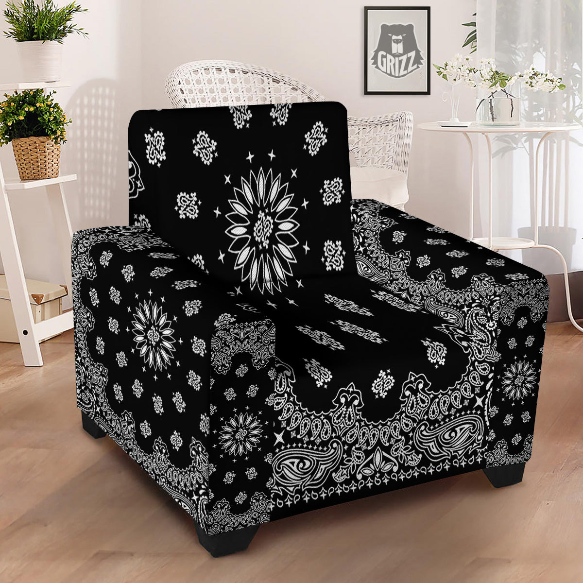 Bandana Black Paisley Print Armchair Slipcover-grizzshop