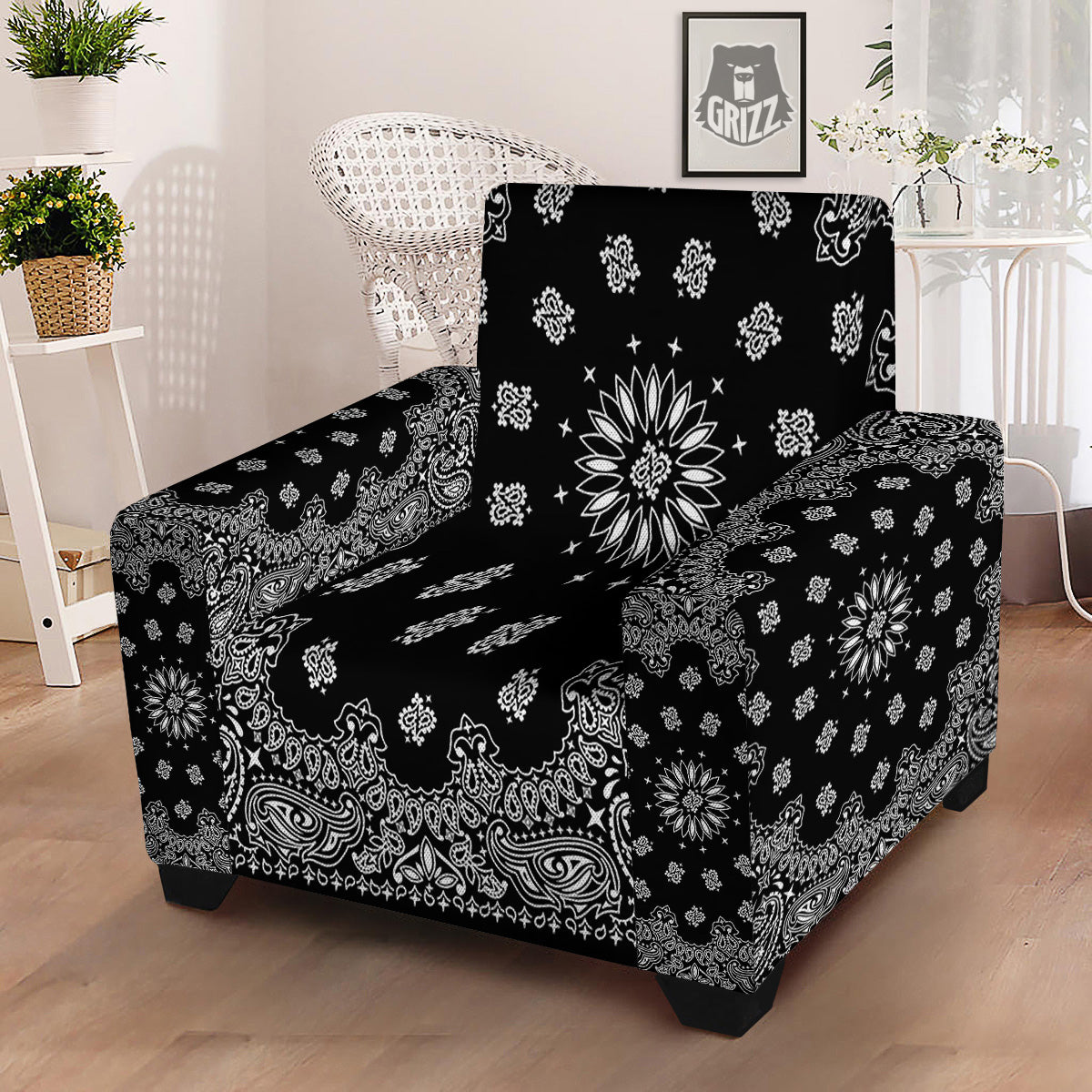 Bandana Black Paisley Print Armchair Slipcover-grizzshop