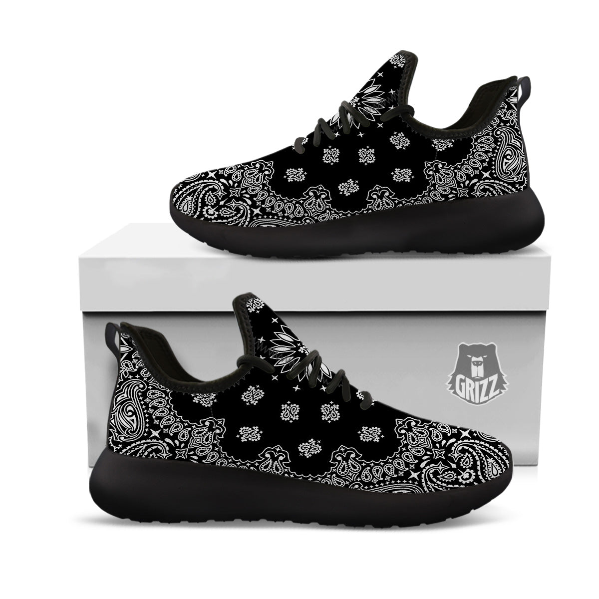 Bandana Black Paisley Print Black Athletic Shoes-grizzshop