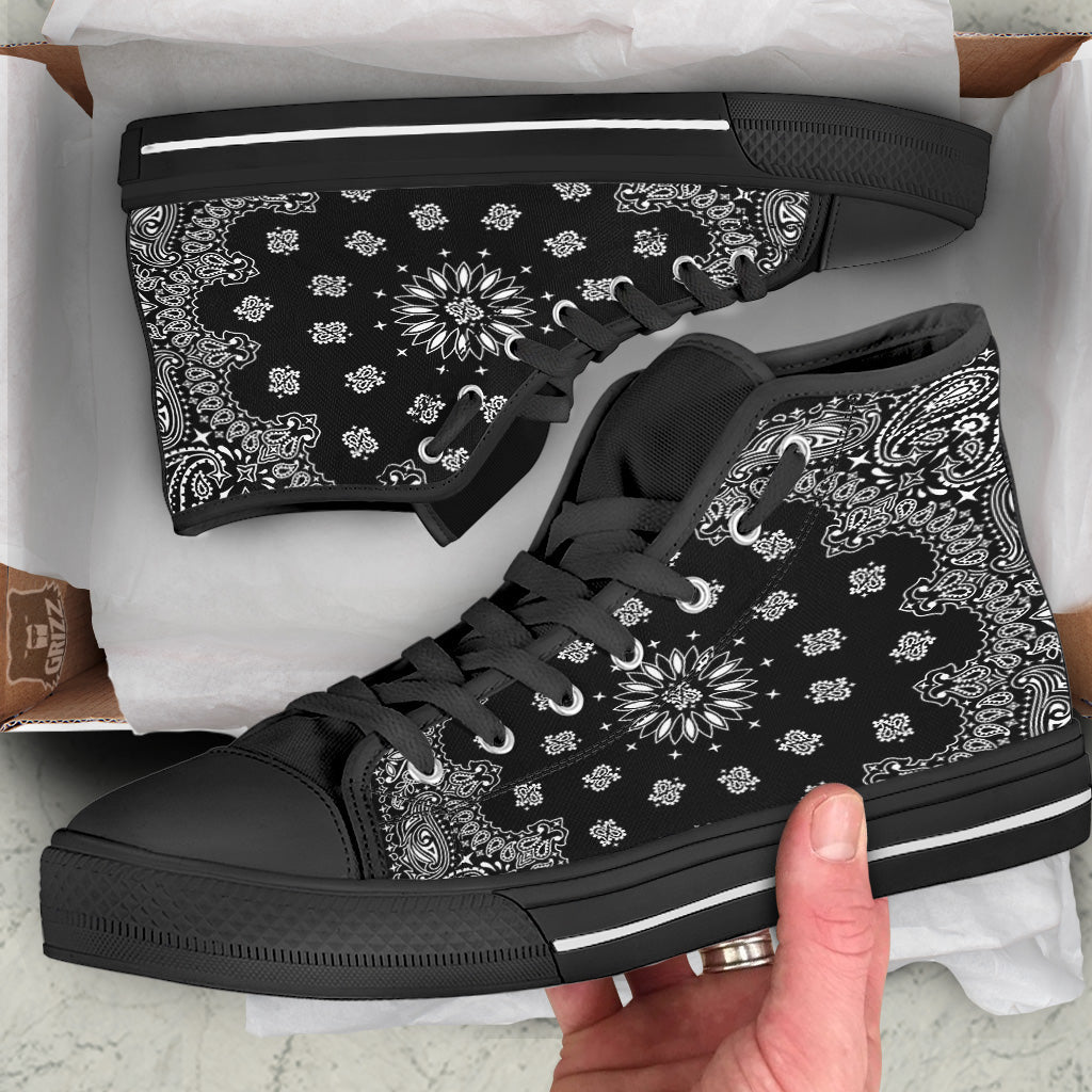 Bandana Black Paisley Print Black High Top Shoes-grizzshop