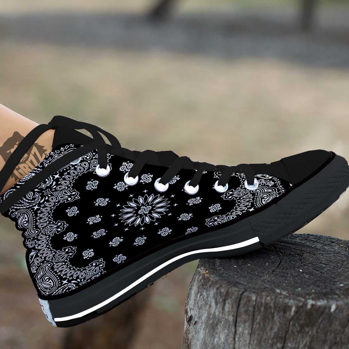 Bandana Black Paisley Print Black High Top Shoes-grizzshop