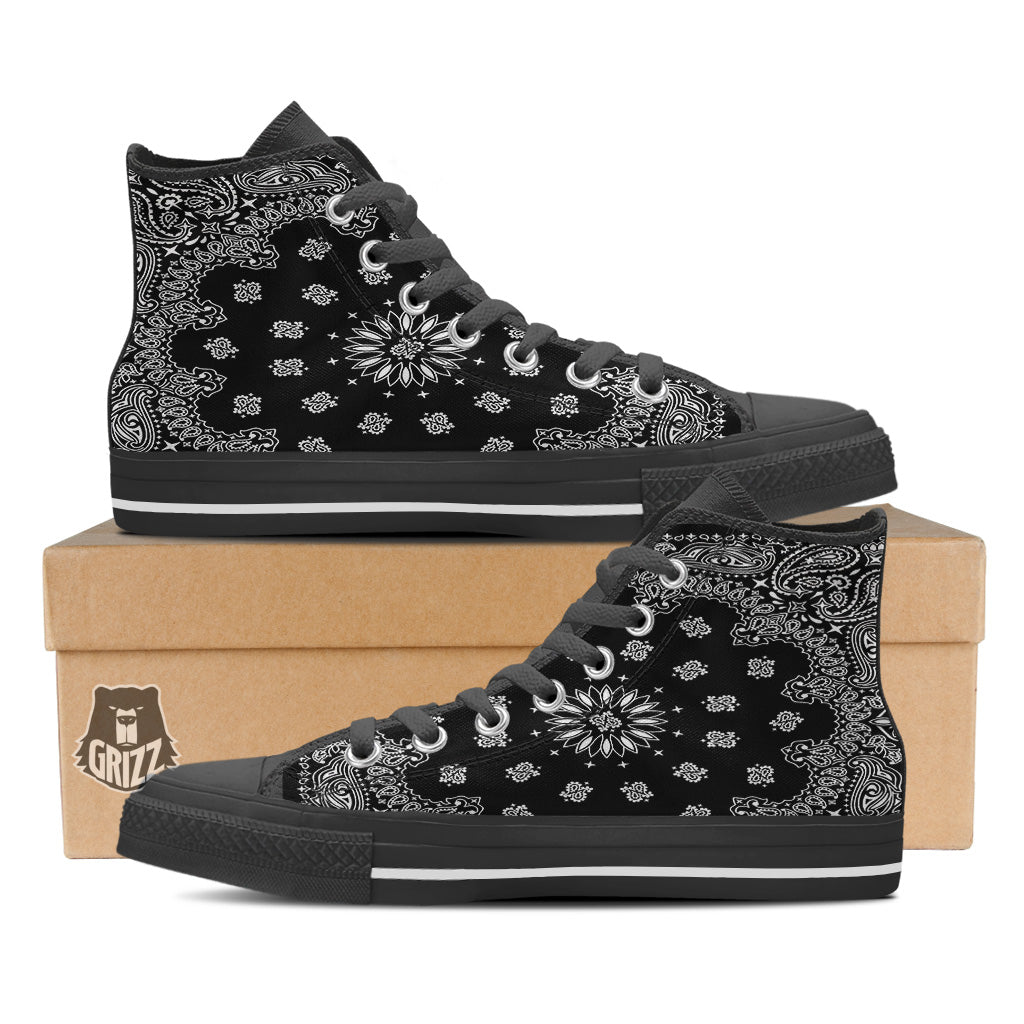 Bandana Black Paisley Print Black High Top Shoes-grizzshop