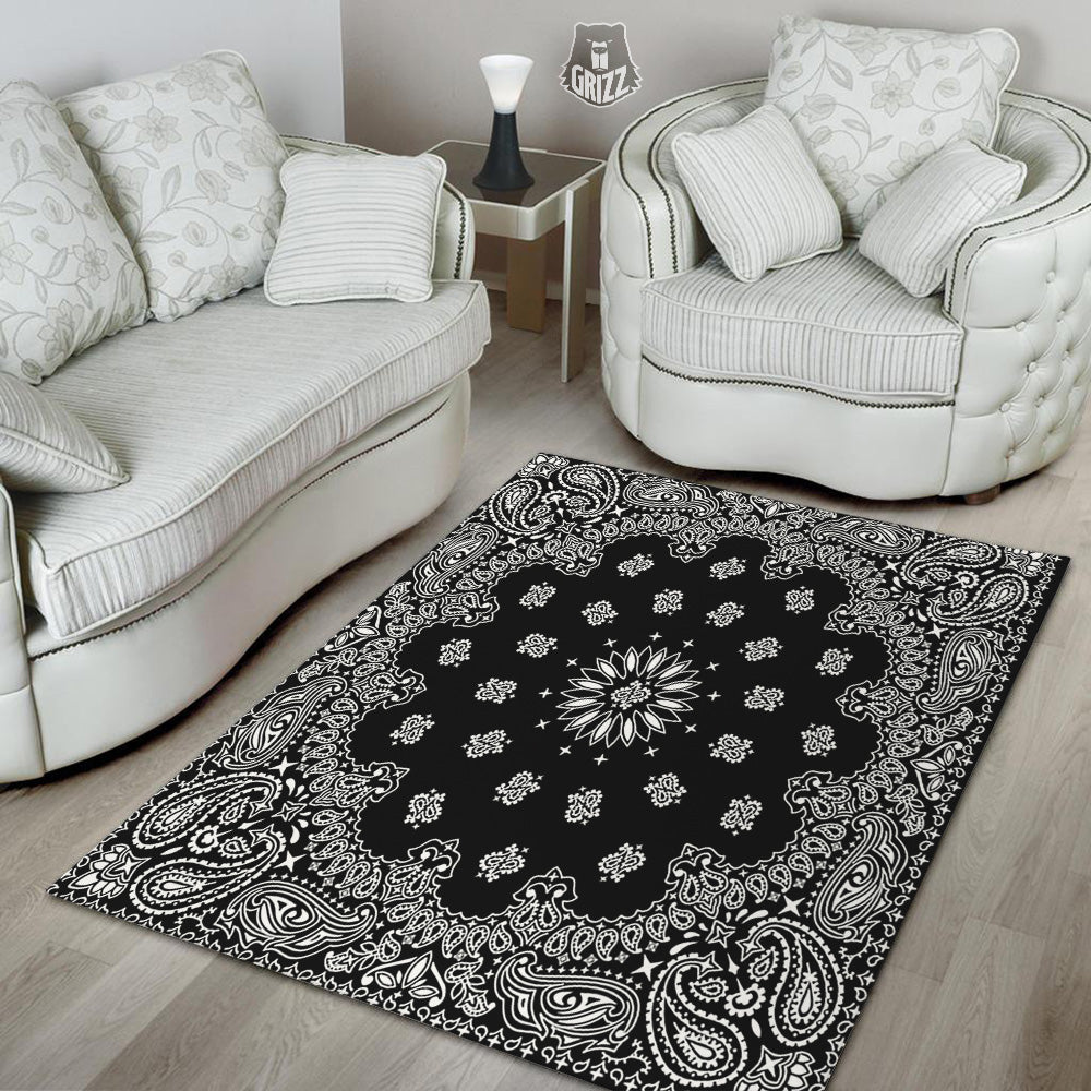 Bandana Black Paisley Print Floor Mat-grizzshop