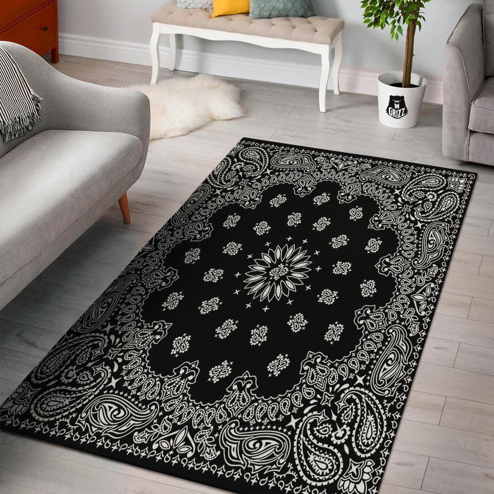 Bandana Black Paisley Print Floor Mat-grizzshop