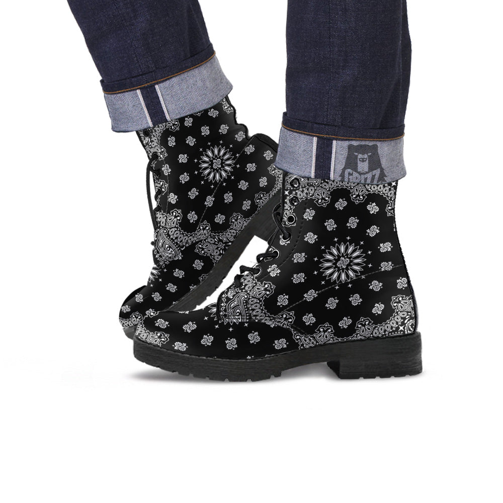 Bandana Black Paisley Print Leather Boots-grizzshop