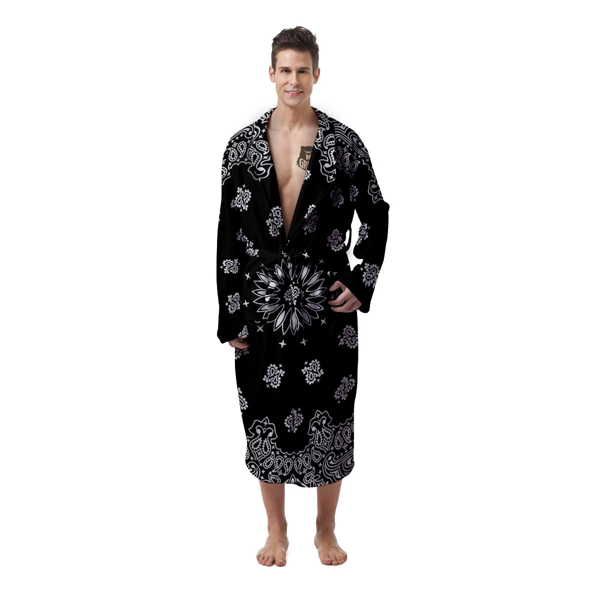 Bandana Black Paisley Print Men's Robe-grizzshop