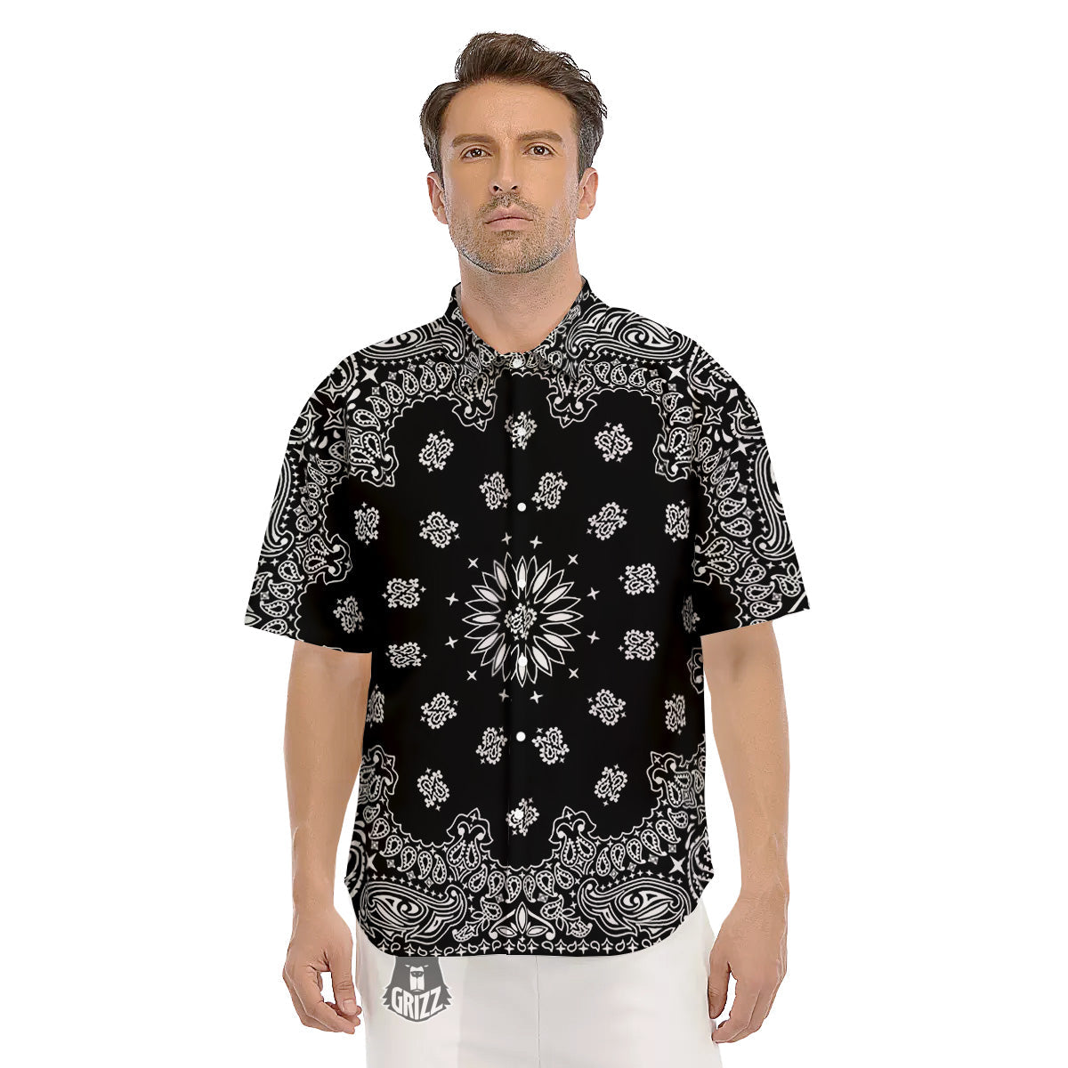 Bandana Black Paisley Print Men's Short Sleeve Shirts-grizzshop