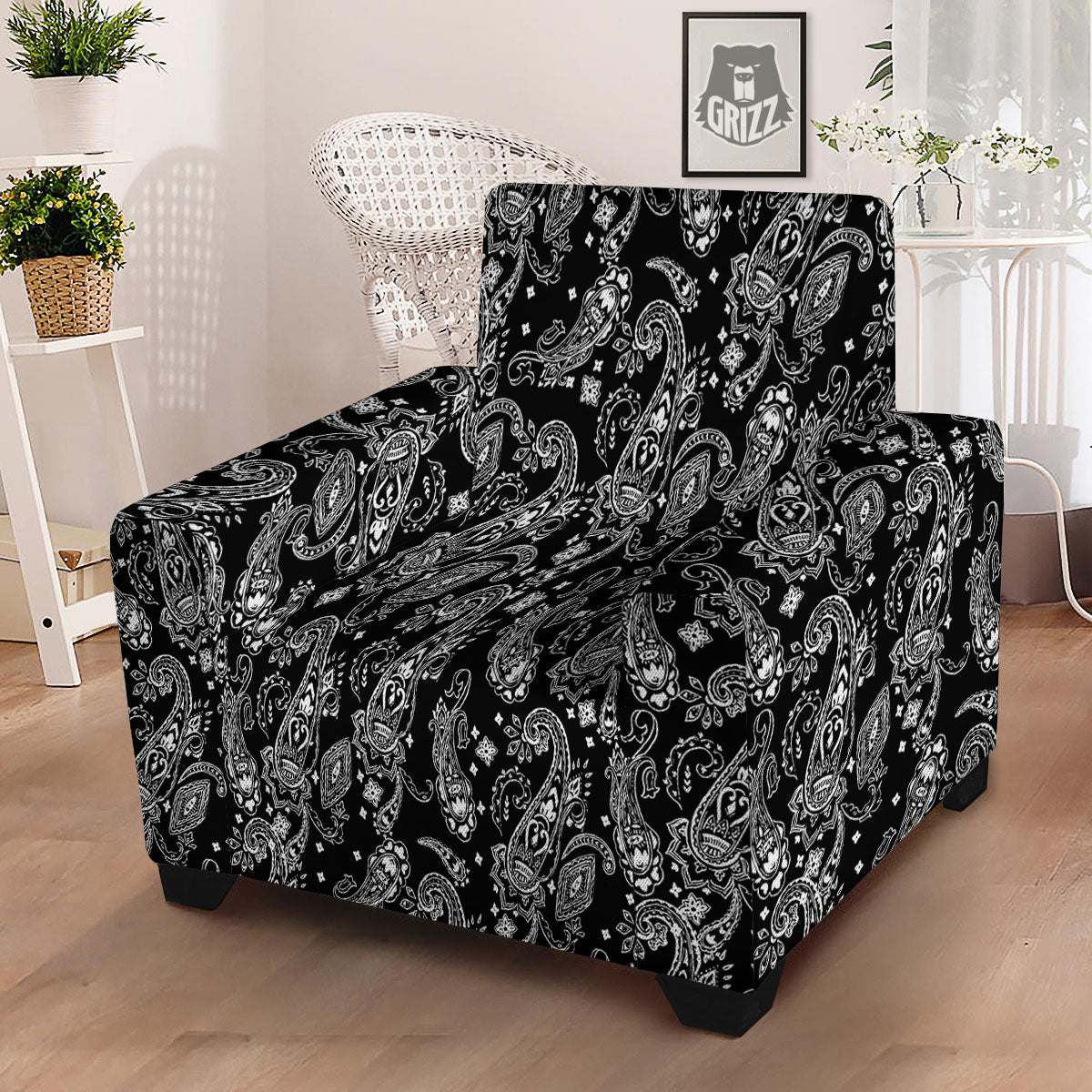 Bandana Black Paisley Print Pattern Armchair Slipcover-grizzshop