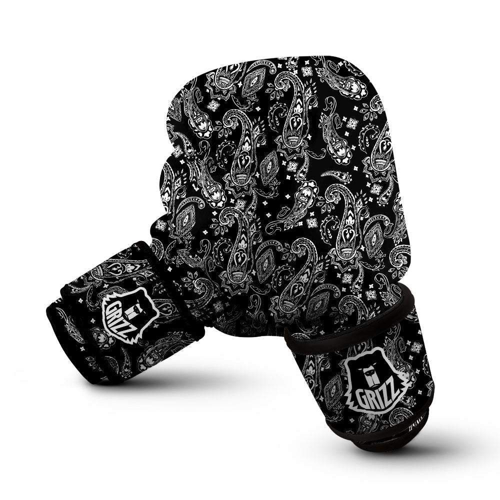 Bandana Black Paisley Print Pattern Boxing Gloves-grizzshop