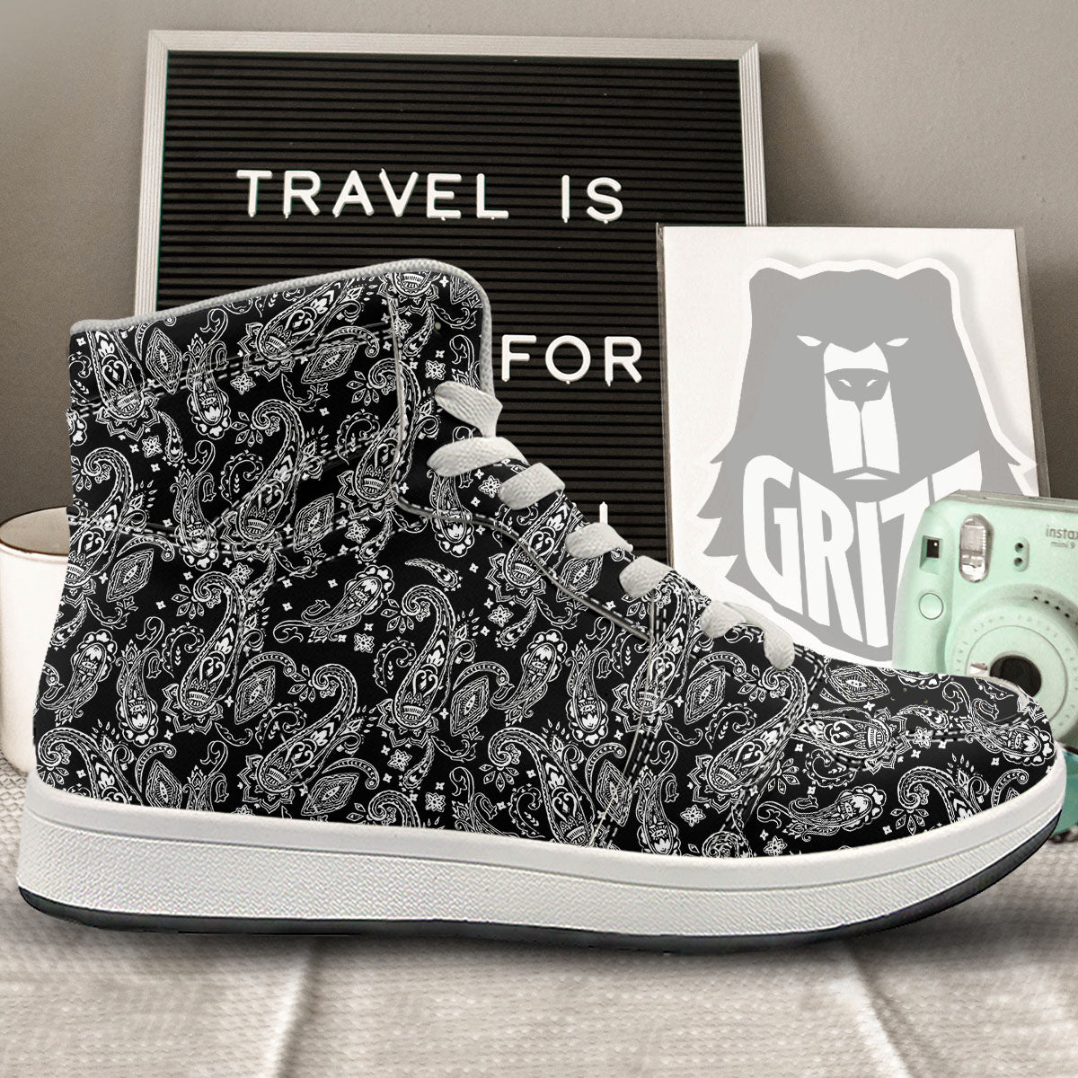 Bandana Black Paisley Print Pattern High Top Sneakers-grizzshop