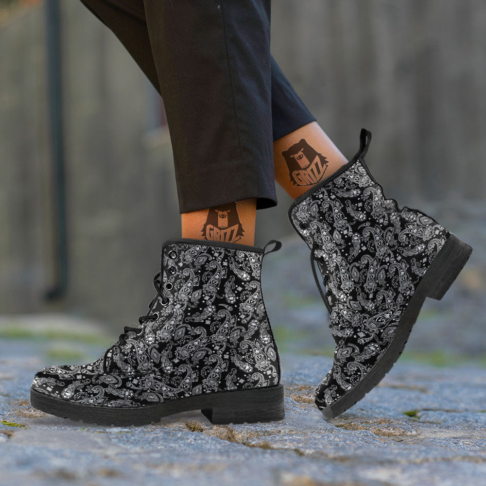 Bandana Black Paisley Print Pattern Leather Boots-grizzshop