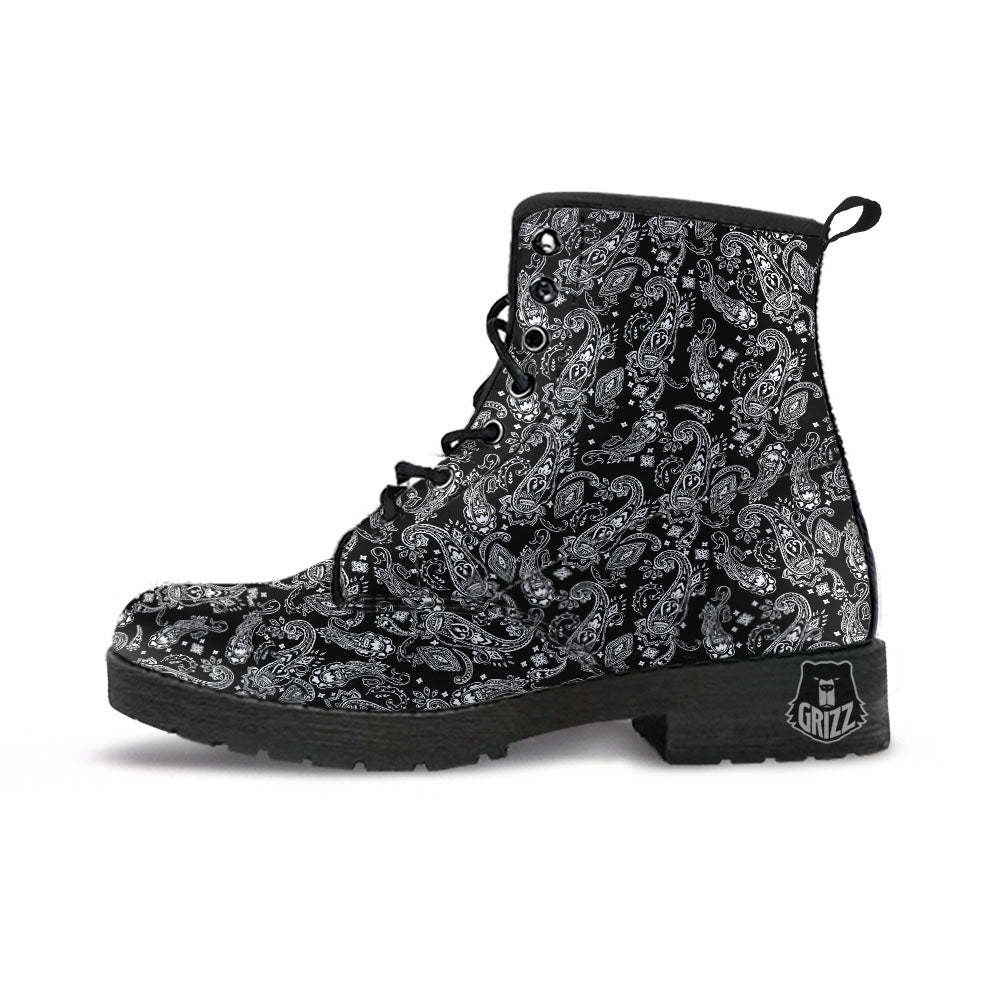 Bandana Black Paisley Print Pattern Leather Boots-grizzshop