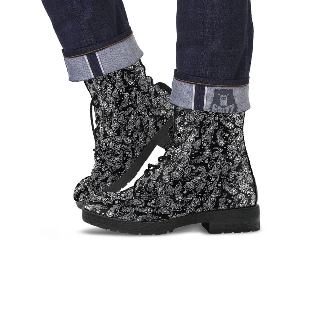 Bandana Black Paisley Print Pattern Leather Boots-grizzshop