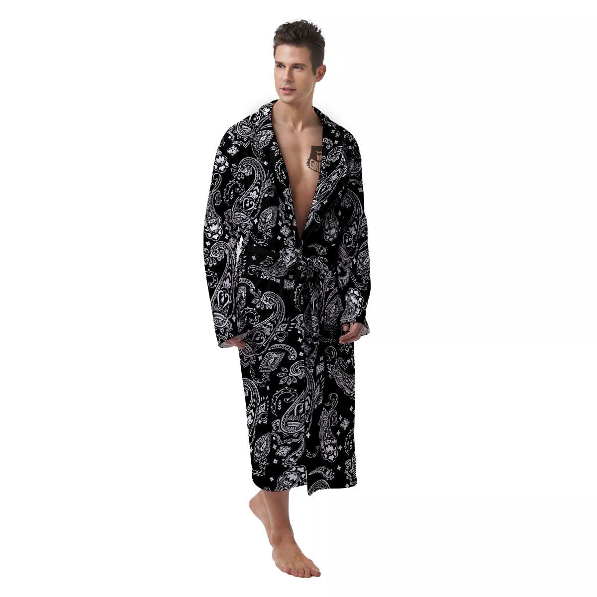 Bandana Black Paisley Print Pattern Men's Robe-grizzshop
