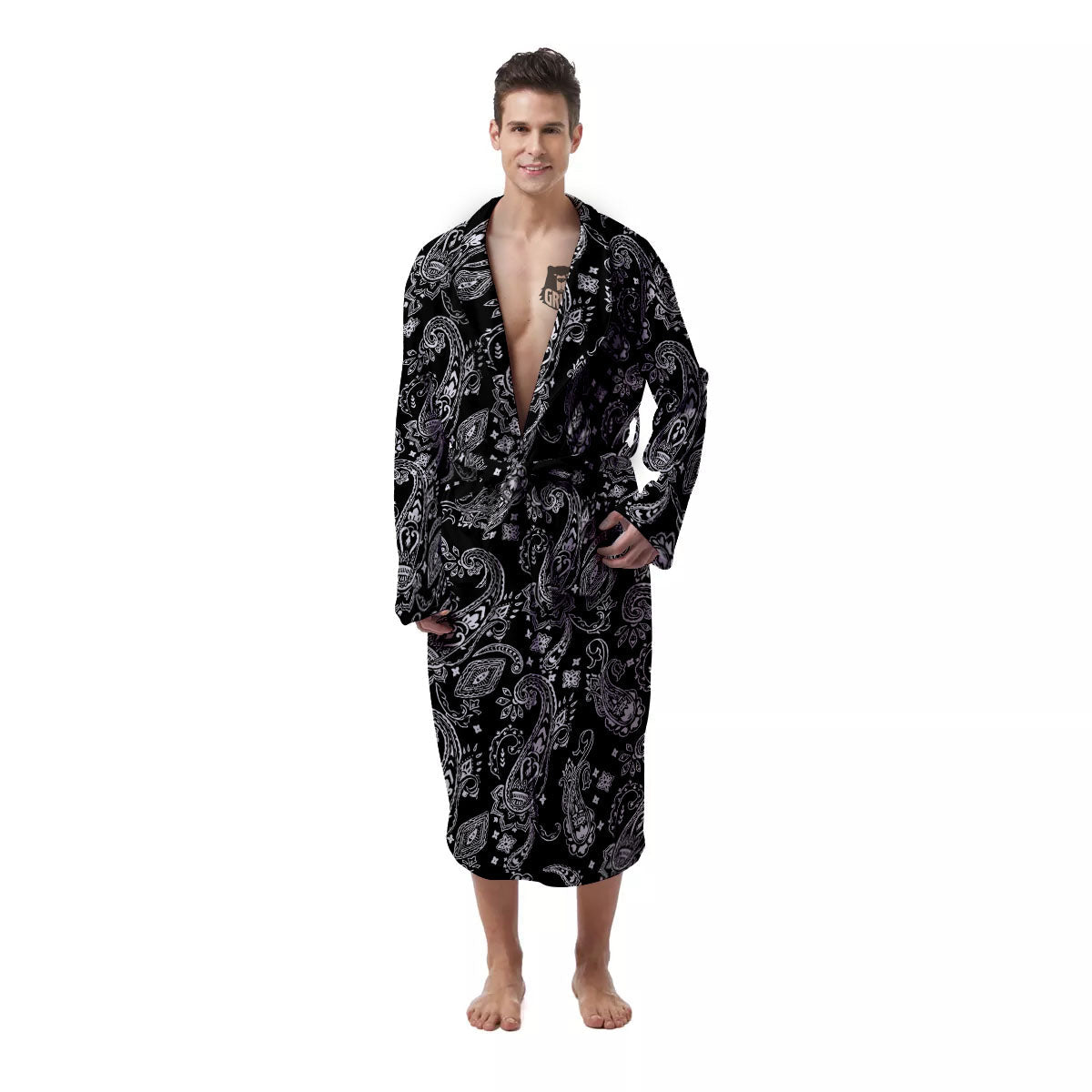 Bandana Black Paisley Print Pattern Men's Robe-grizzshop