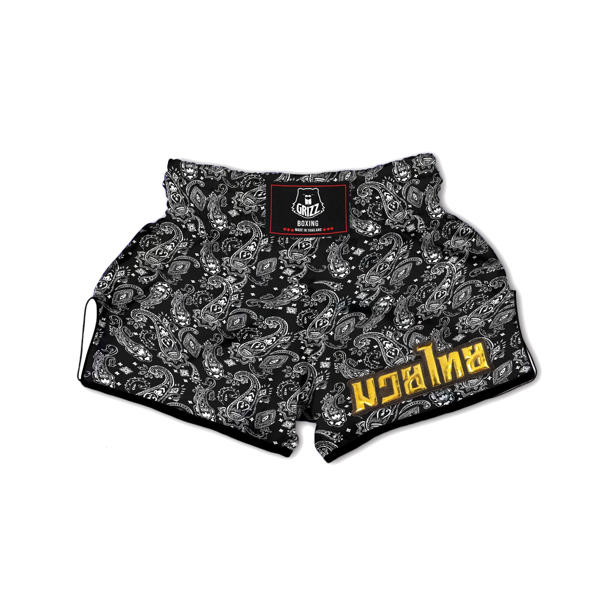 Bandana Black Paisley Print Pattern Muay Thai Boxing Shorts-grizzshop