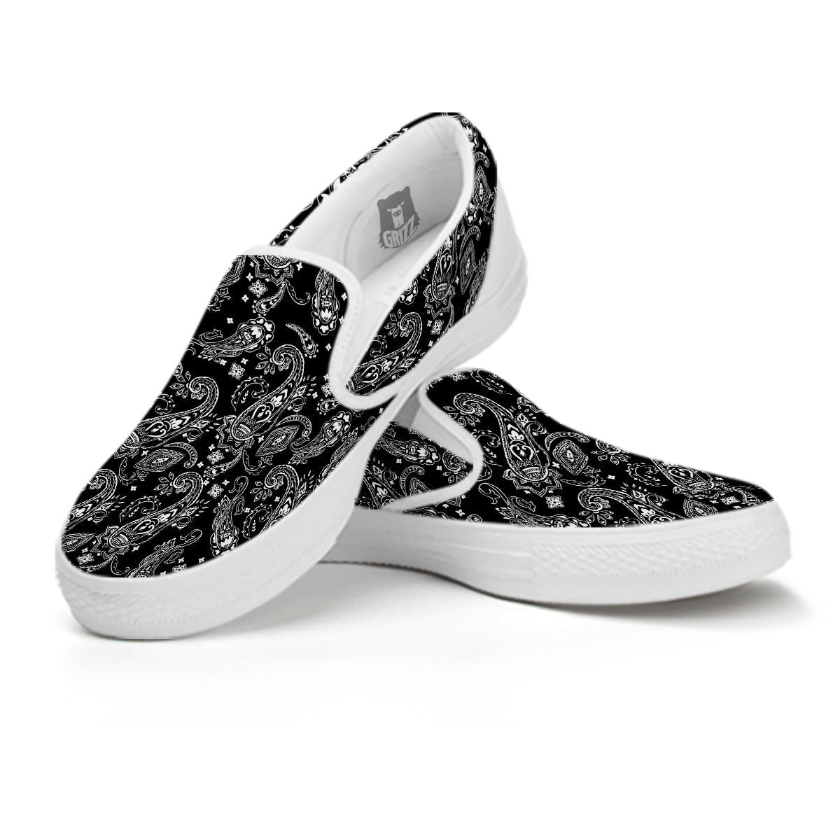 Bandana Black Paisley Print Pattern White Slip On Shoes-grizzshop