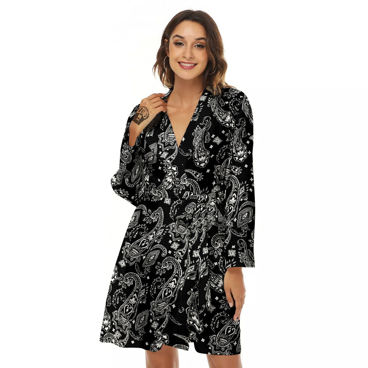 Bandana Black Paisley Print Pattern Women's Robe-grizzshop