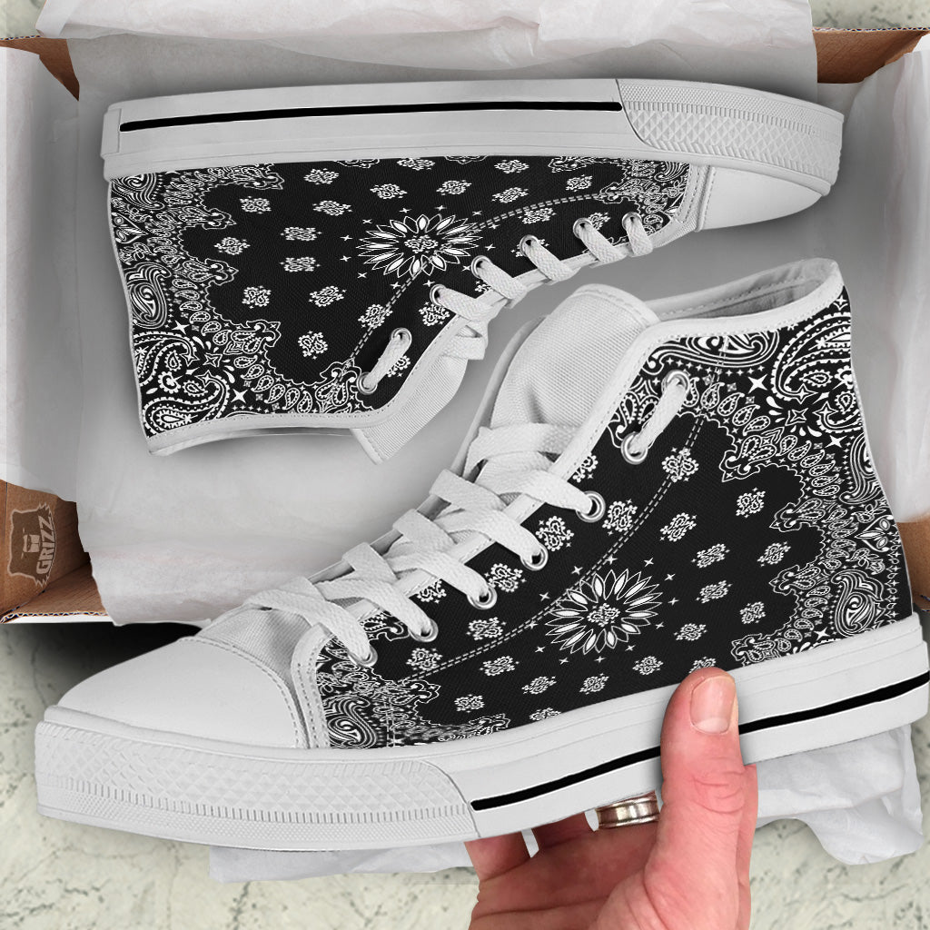 Bandana Black Paisley Print White High Top Shoes-grizzshop