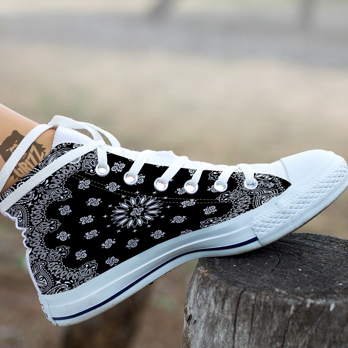 Bandana Black Paisley Print White High Top Shoes-grizzshop