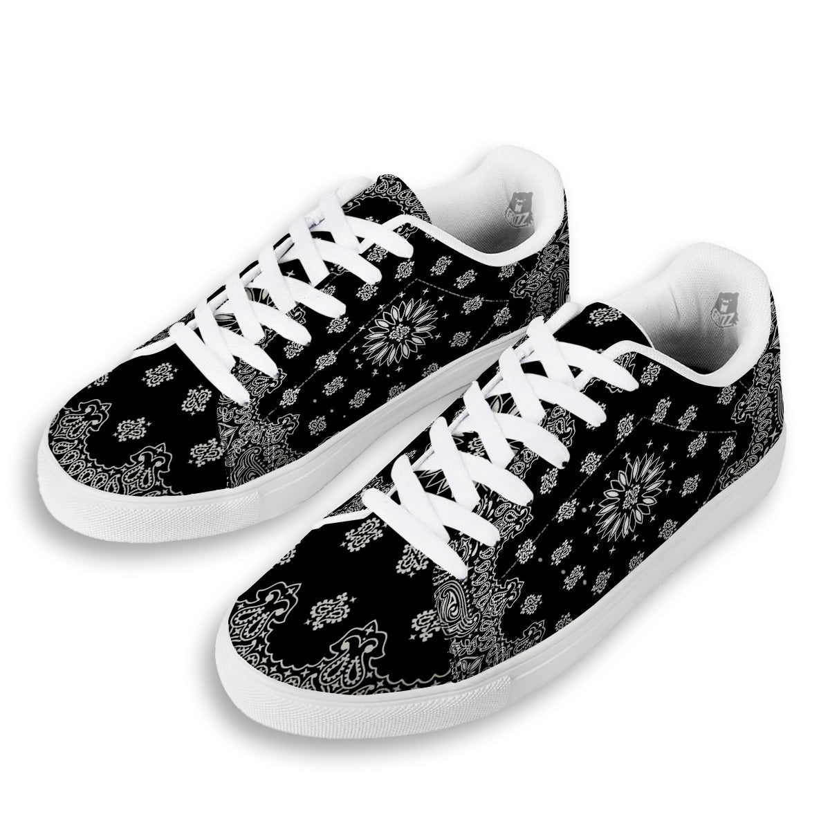 Bandana Black Paisley Print White Low Top Sneakers-grizzshop