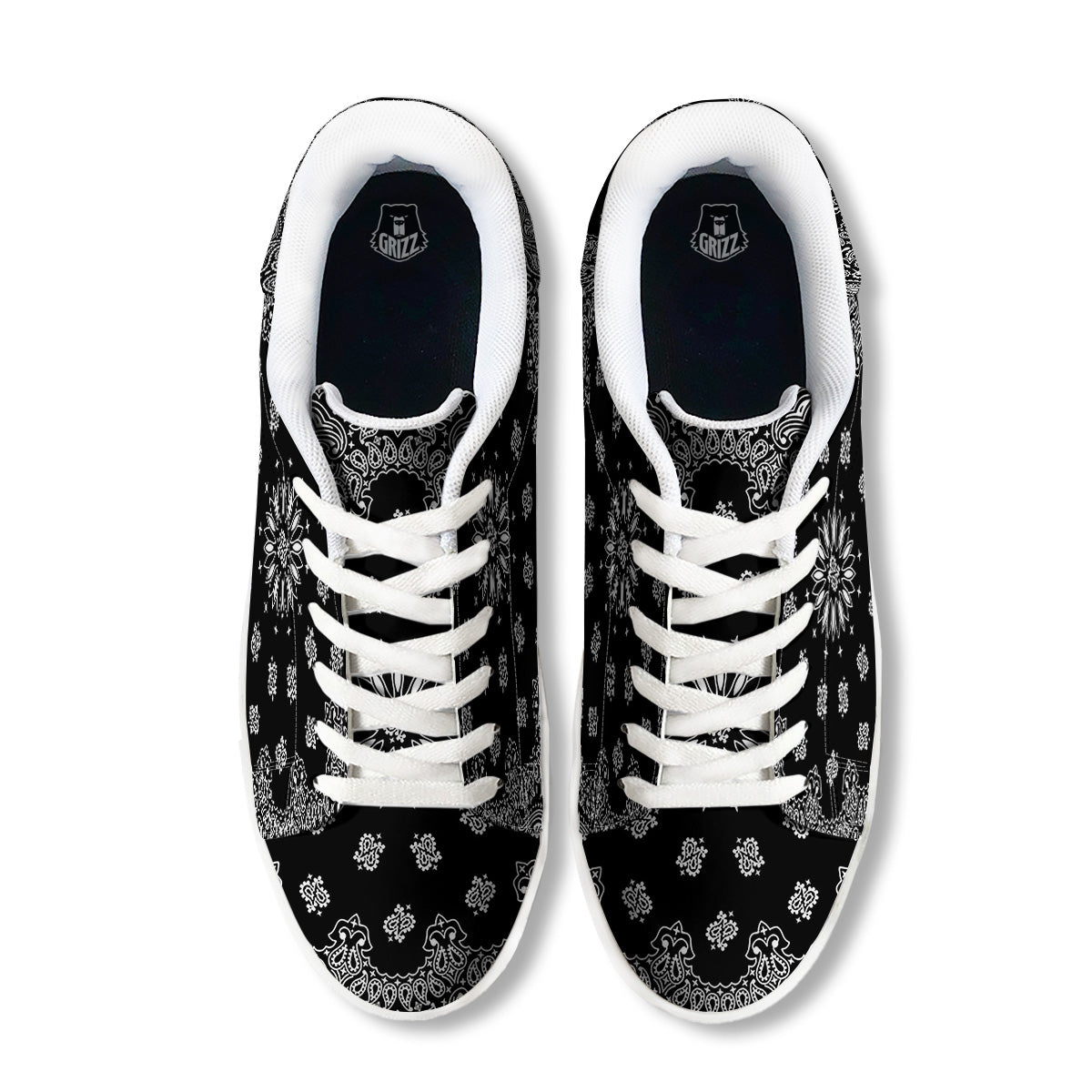 Bandana Black Paisley Print White Low Top Sneakers-grizzshop