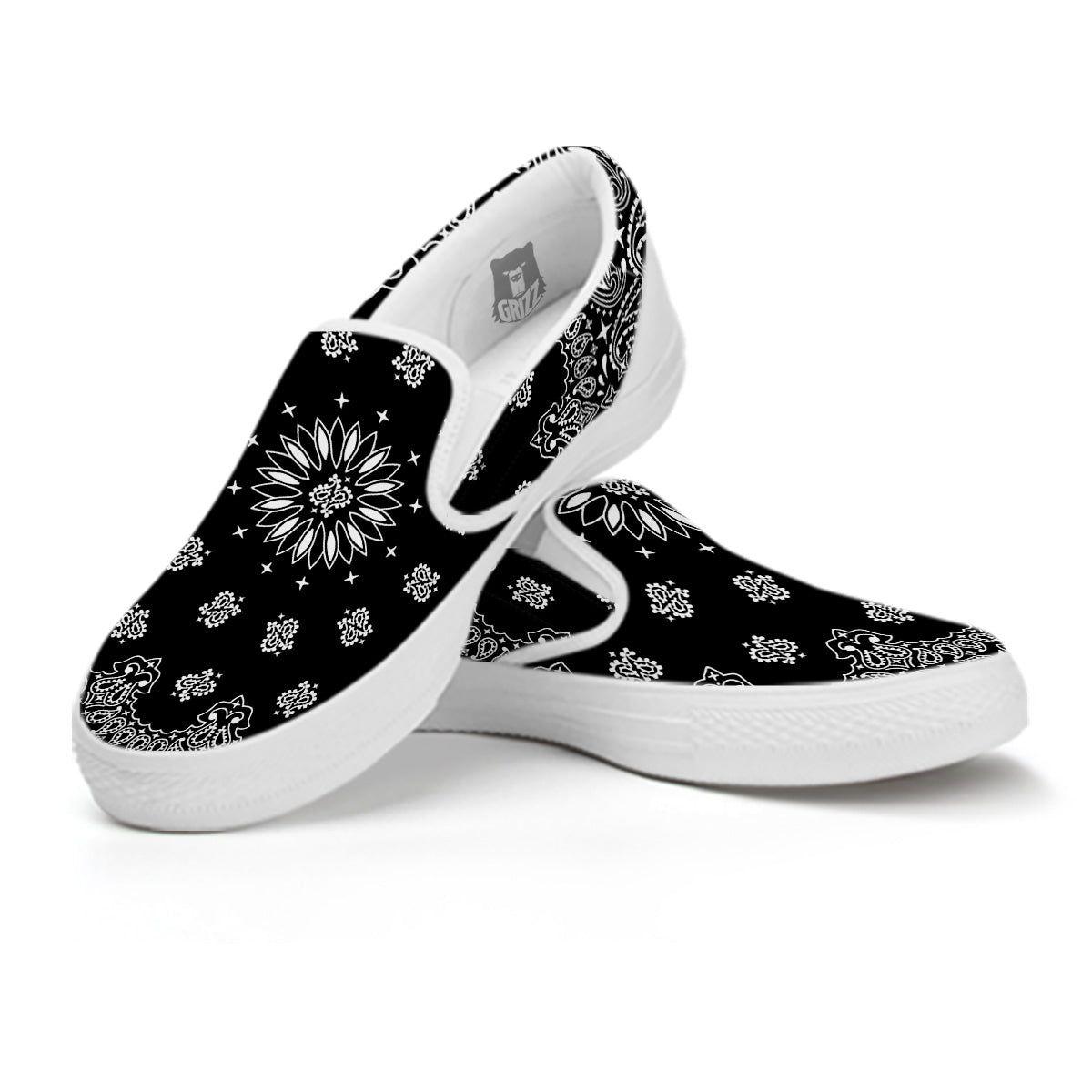 Bandana Black Paisley Print White Slip On Shoes-grizzshop