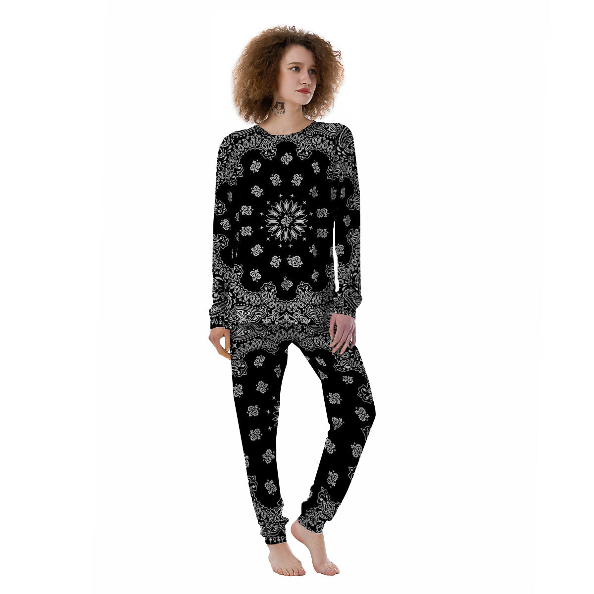 Bandana Black Paisley Print Women's Pajamas-grizzshop