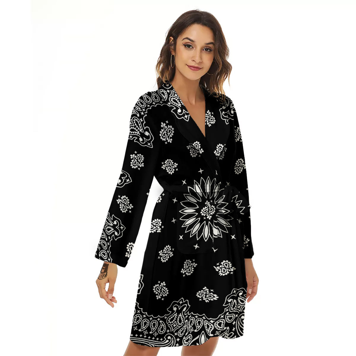 Bandana Black Paisley Print Women's Robe-grizzshop