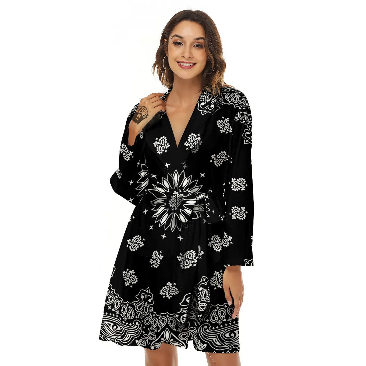 Bandana Black Paisley Print Women's Robe-grizzshop