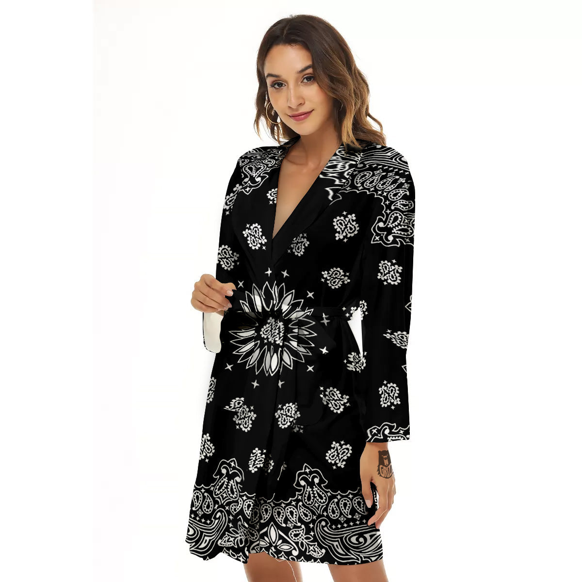 Bandana Black Paisley Print Women's Robe-grizzshop