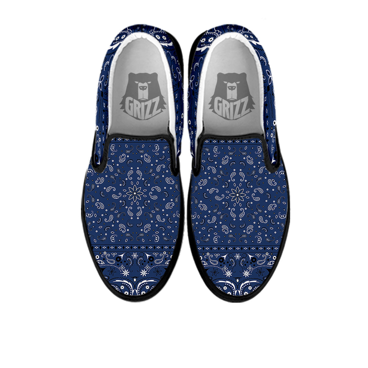 Bandana Blue Paisley Print Black Slip On Shoes-grizzshop