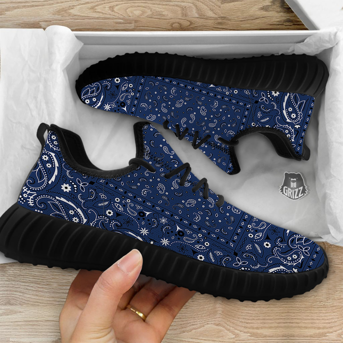 Bandana Blue Paisley Print Black Walking Shoes-grizzshop