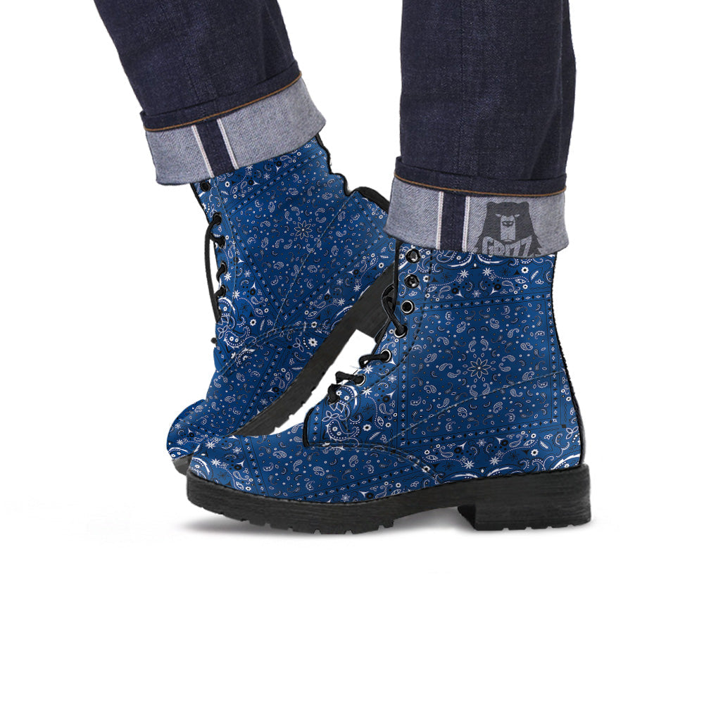 Bandana Blue Paisley Print Leather Boots-grizzshop