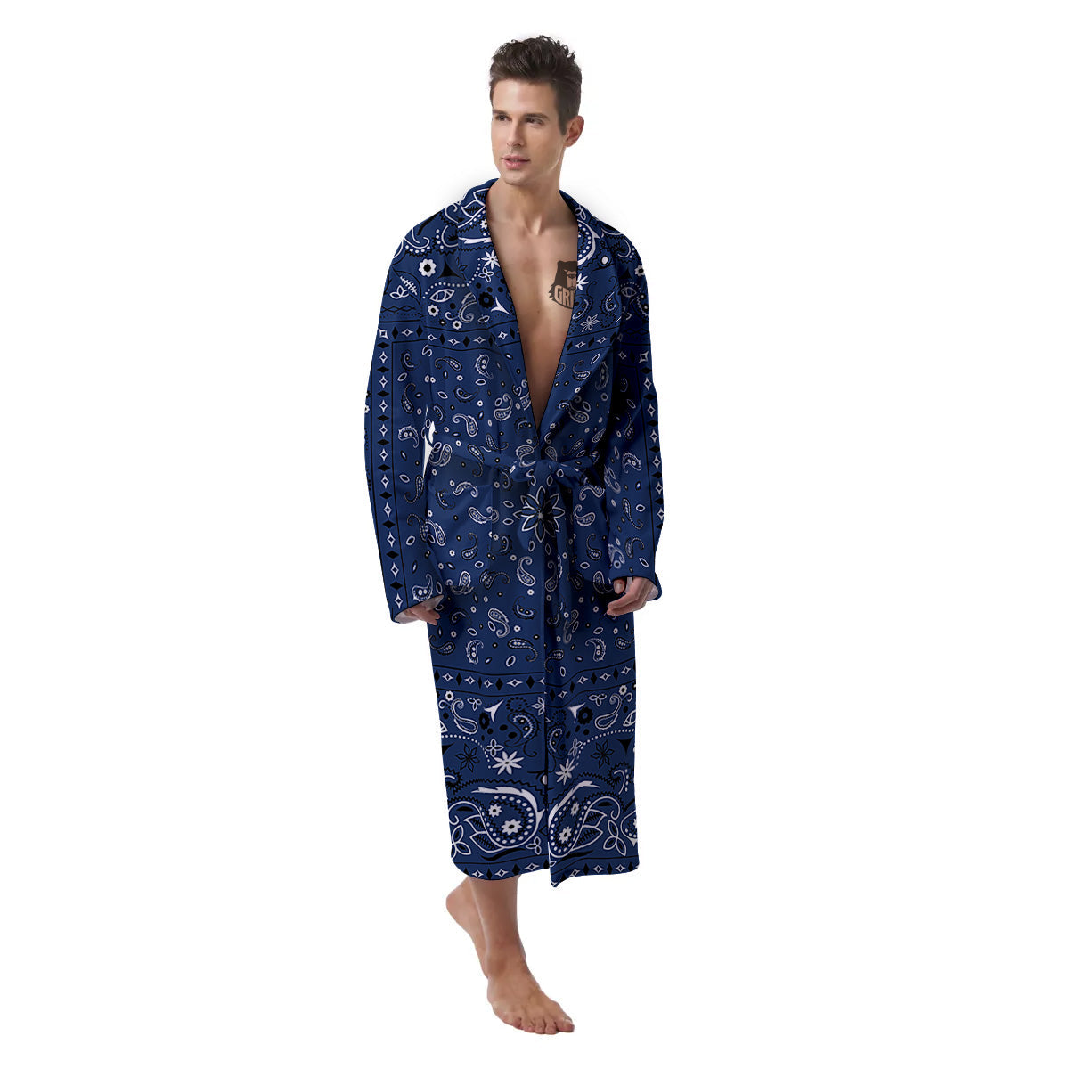 Bandana Blue Paisley Print Men's Robe-grizzshop