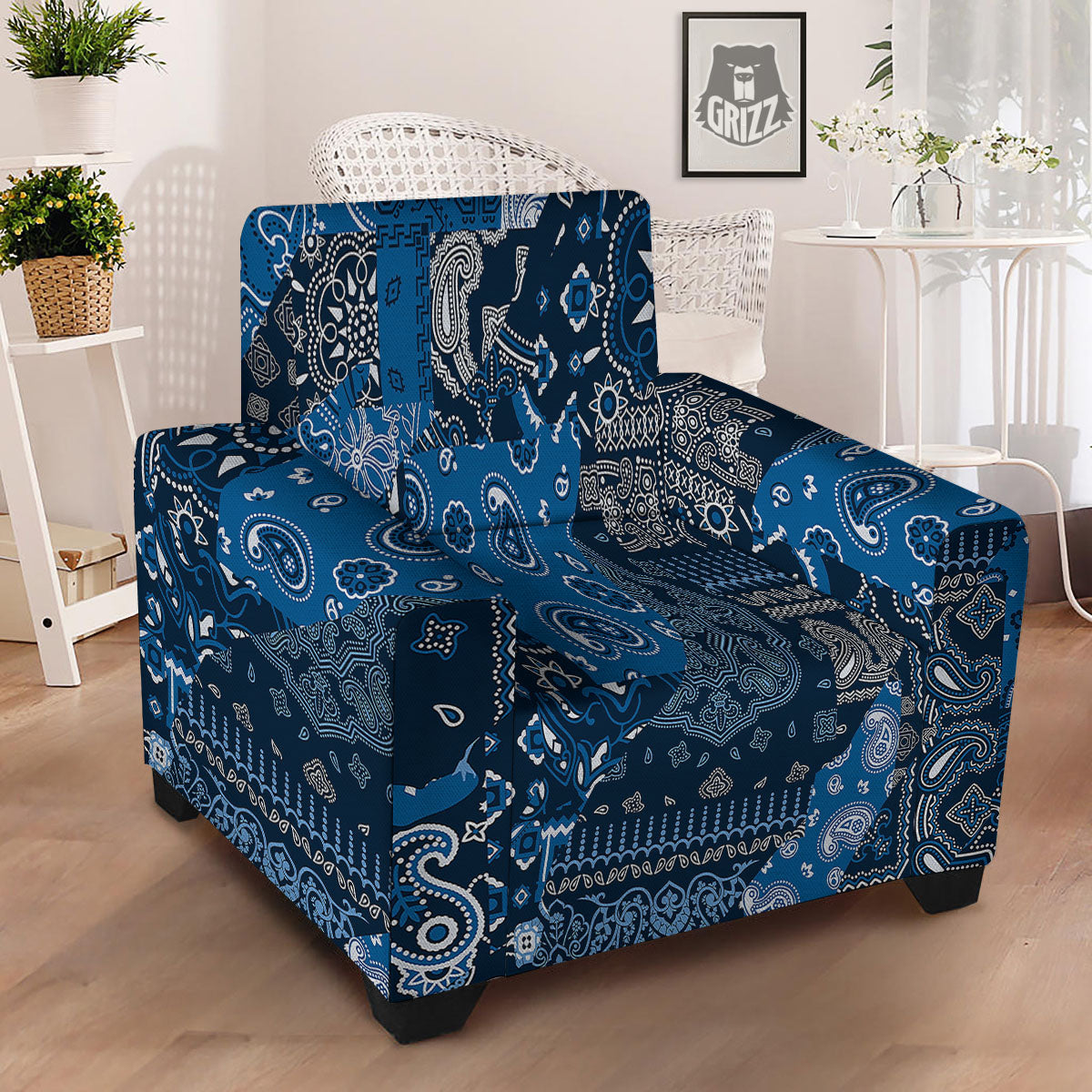 Bandana Blue Paisley Print Pattern Armchair Slipcover-grizzshop