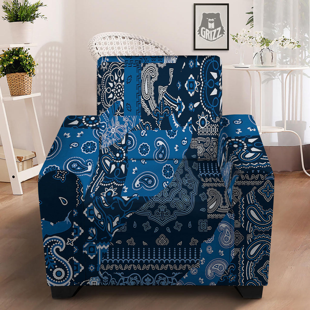 Bandana Blue Paisley Print Pattern Armchair Slipcover-grizzshop