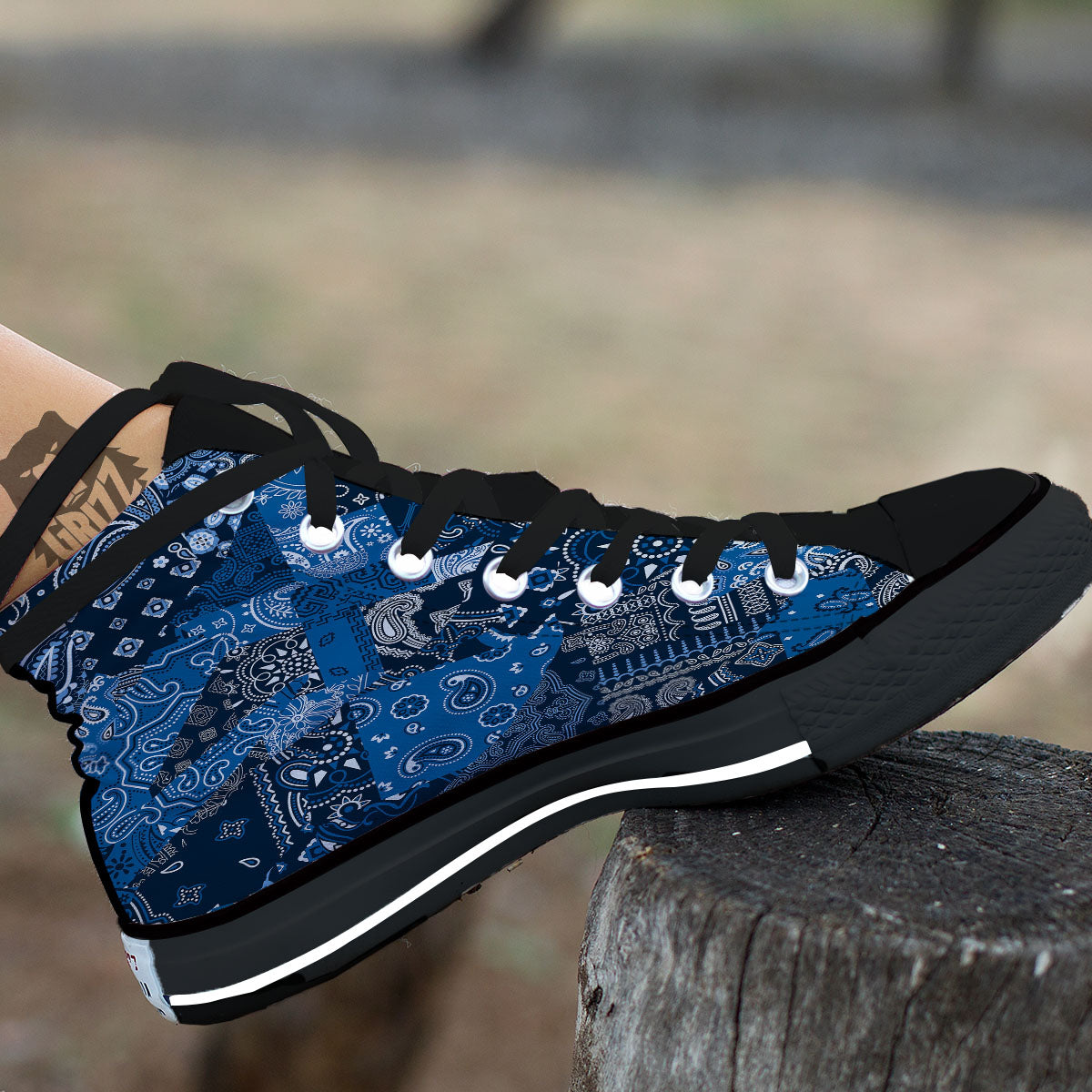 Bandana Blue Paisley Print Pattern Black High Top Shoes-grizzshop