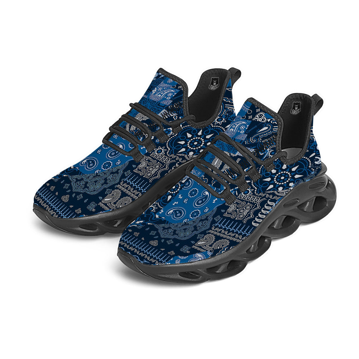 Bandana Blue Paisley Print Pattern Black Running Shoes-grizzshop