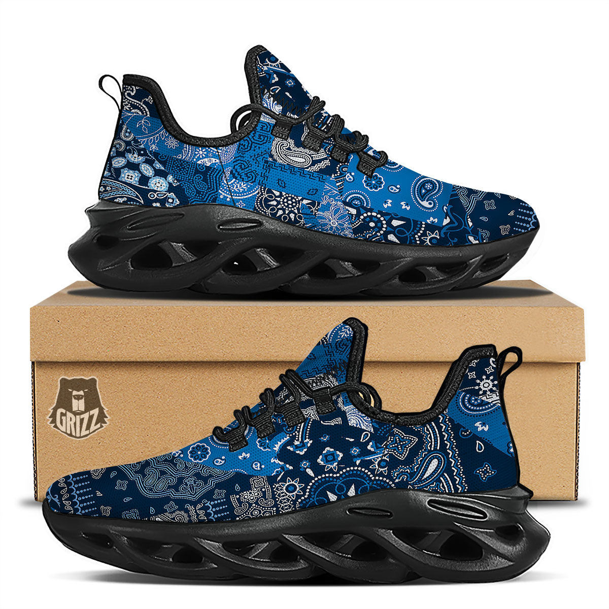 Bandana Blue Paisley Print Pattern Black Running Shoes-grizzshop