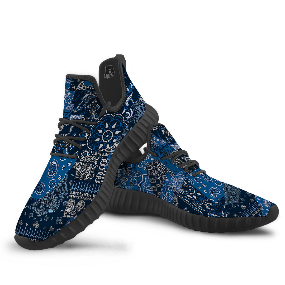 Bandana Blue Paisley Print Pattern Black Walking Shoes-grizzshop