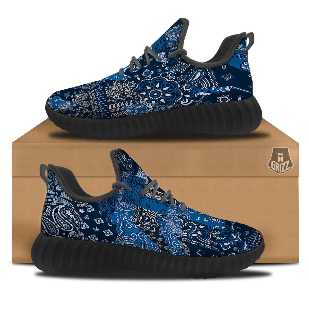 Bandana Blue Paisley Print Pattern Black Walking Shoes-grizzshop