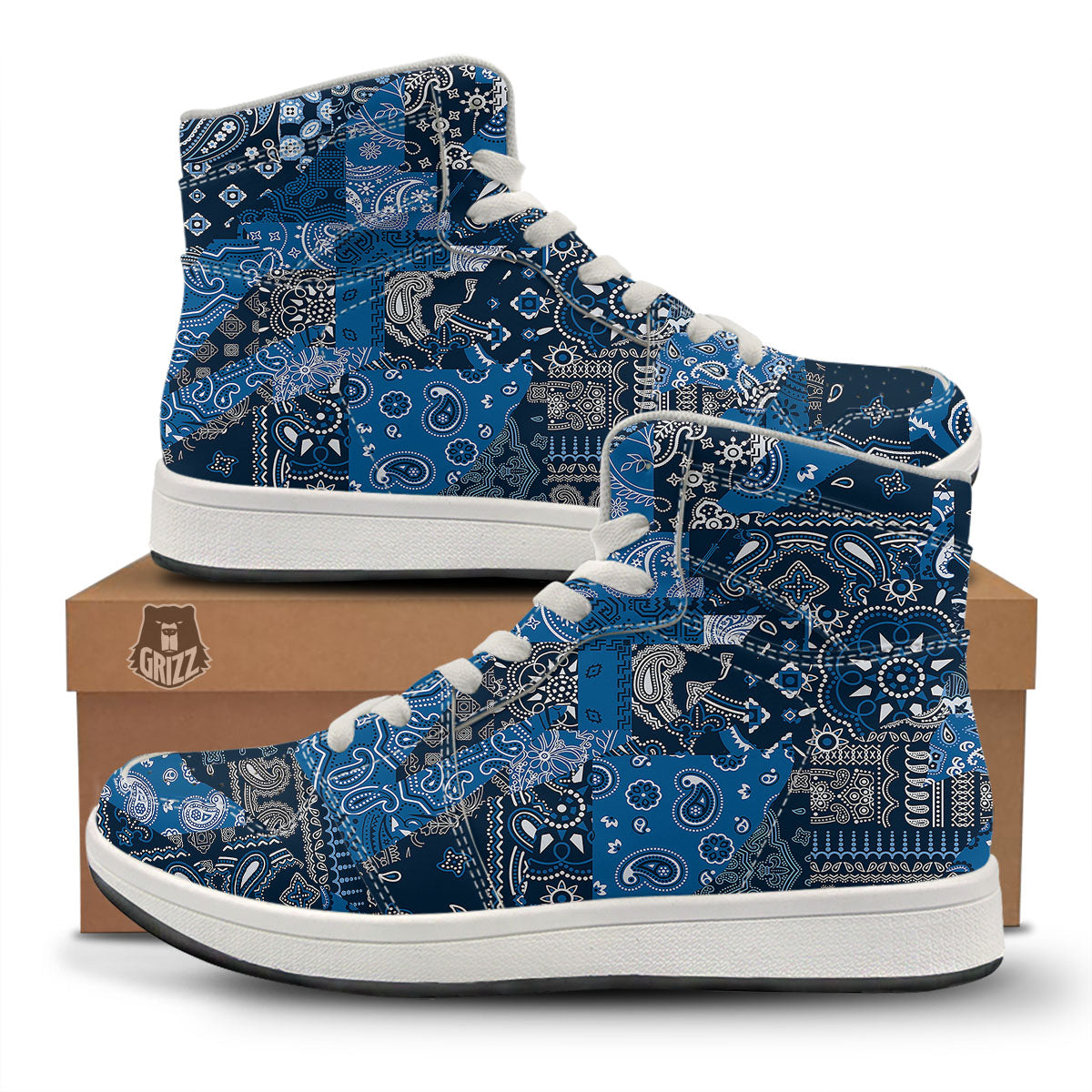 Bandana Blue Paisley Print Pattern High Top Sneakers-grizzshop