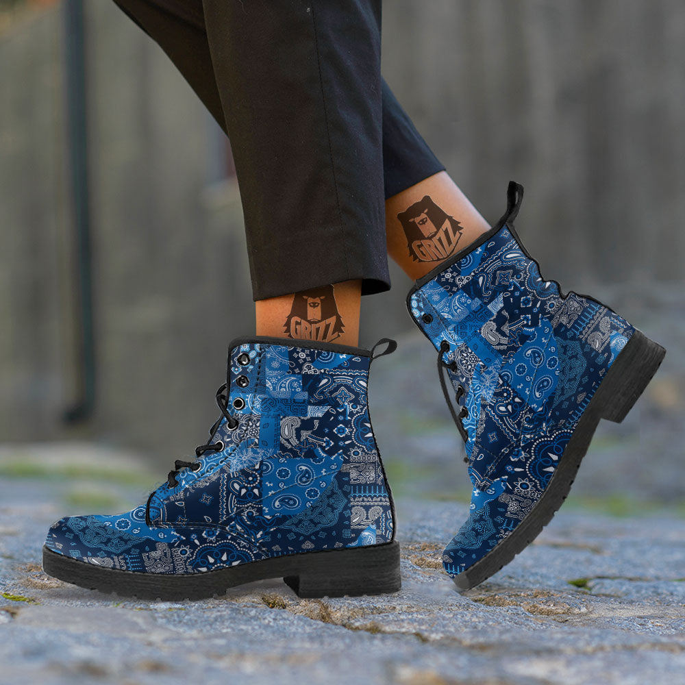 Bandana Blue Paisley Print Pattern Leather Boots-grizzshop