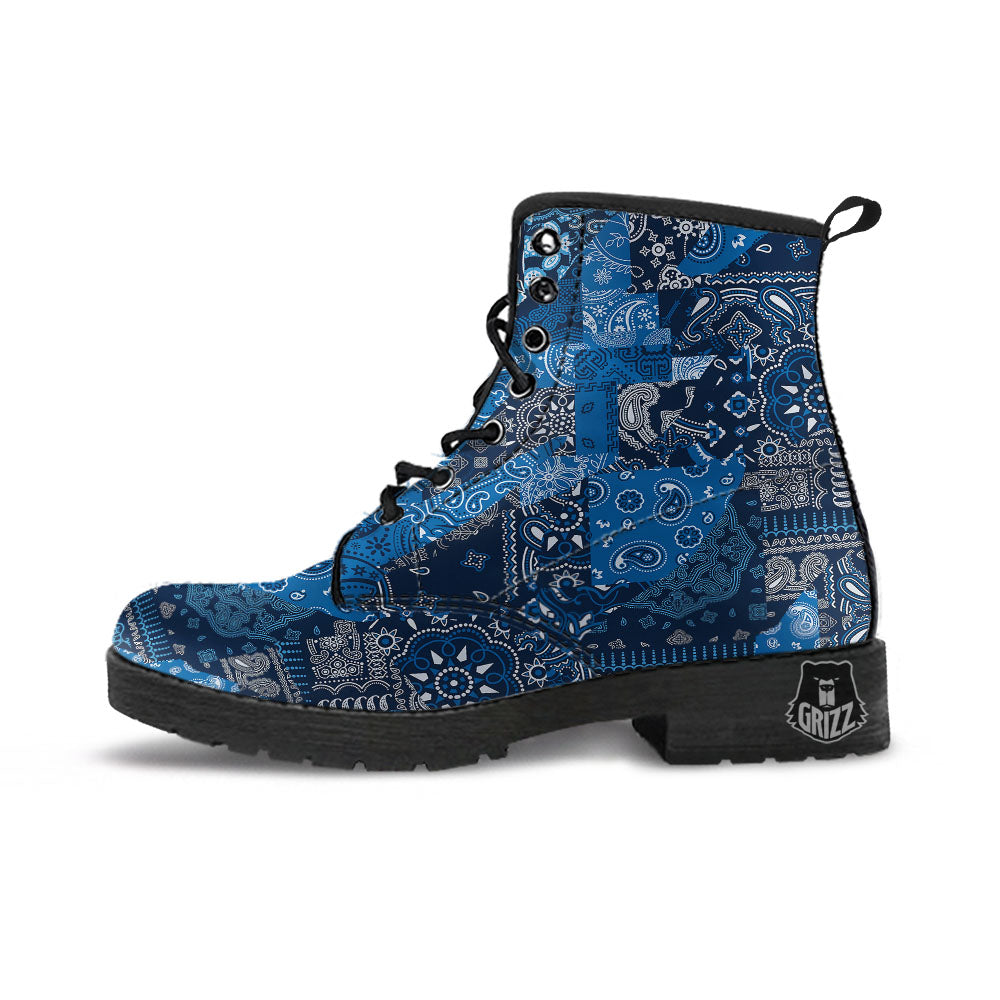 Bandana Blue Paisley Print Pattern Leather Boots-grizzshop