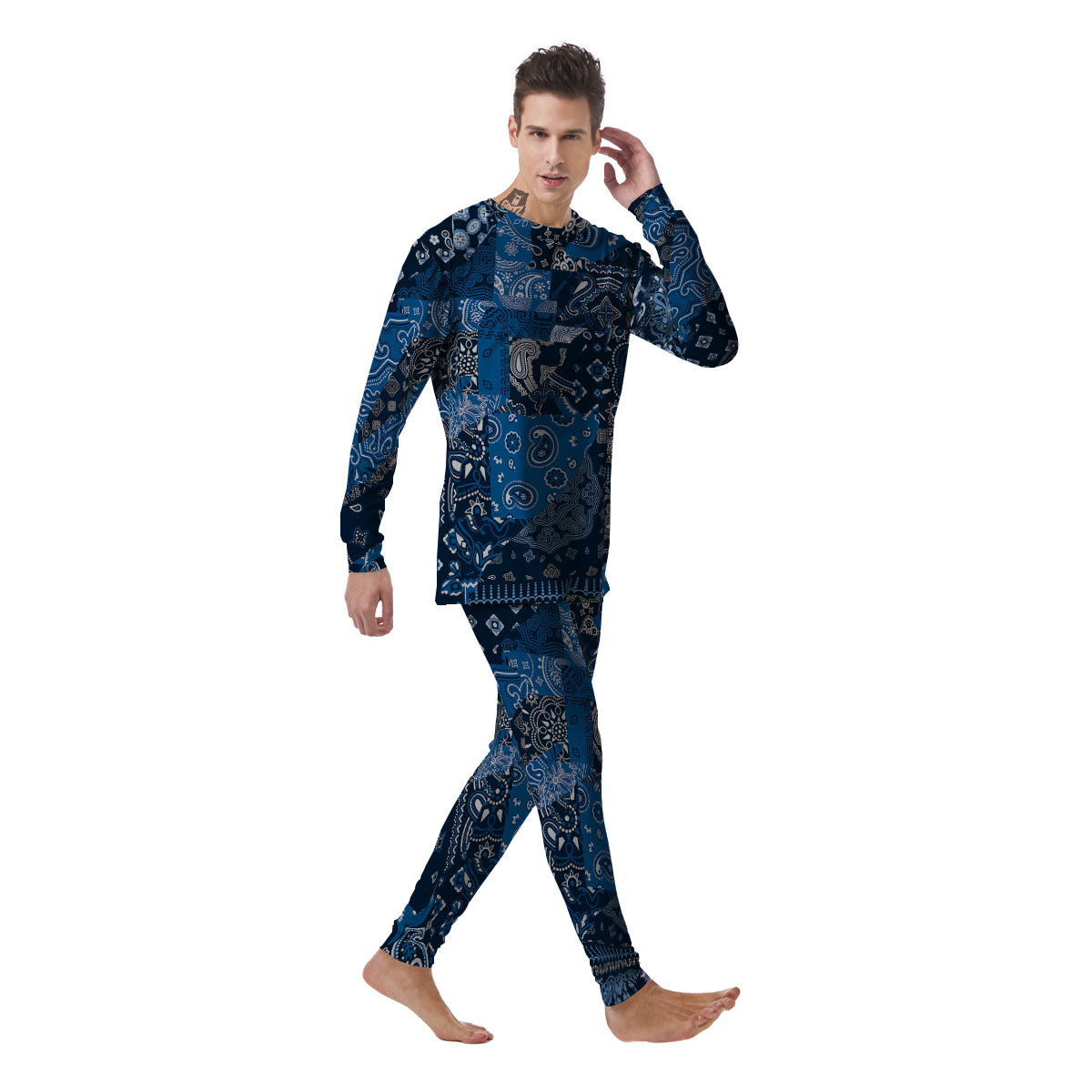 Bandana Blue Paisley Print Pattern Men's Pajamas-grizzshop