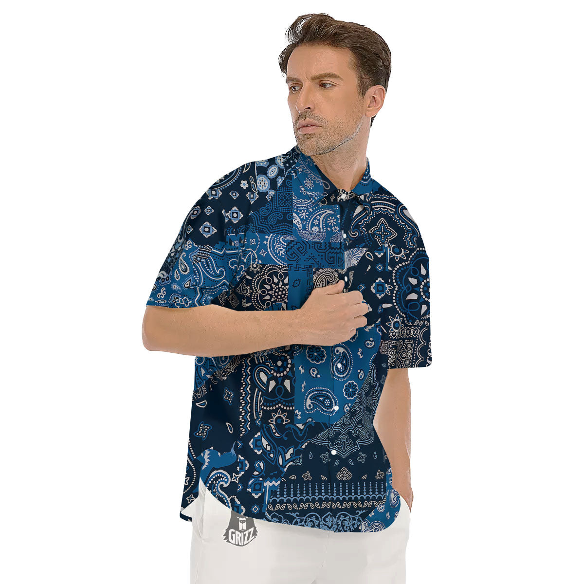 Bandana Blue Paisley Print Pattern Men's Short Sleeve Shirts-grizzshop