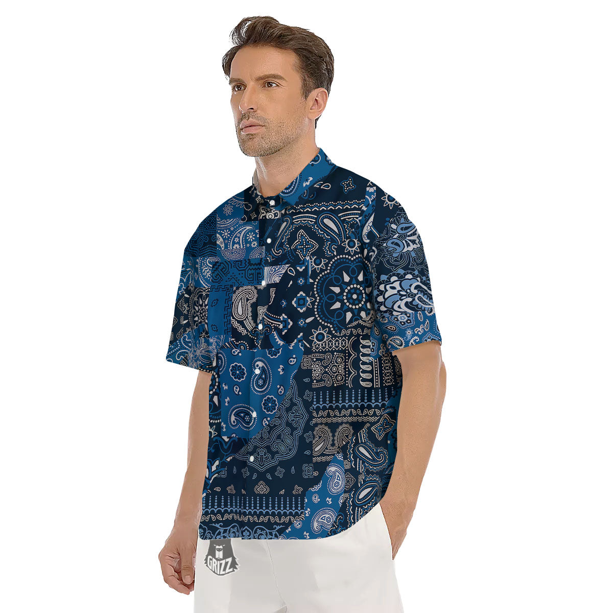 Bandana Blue Paisley Print Pattern Men's Short Sleeve Shirts-grizzshop