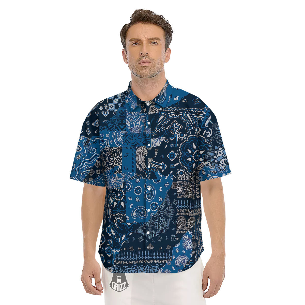 Bandana Blue Paisley Print Pattern Men's Short Sleeve Shirts-grizzshop